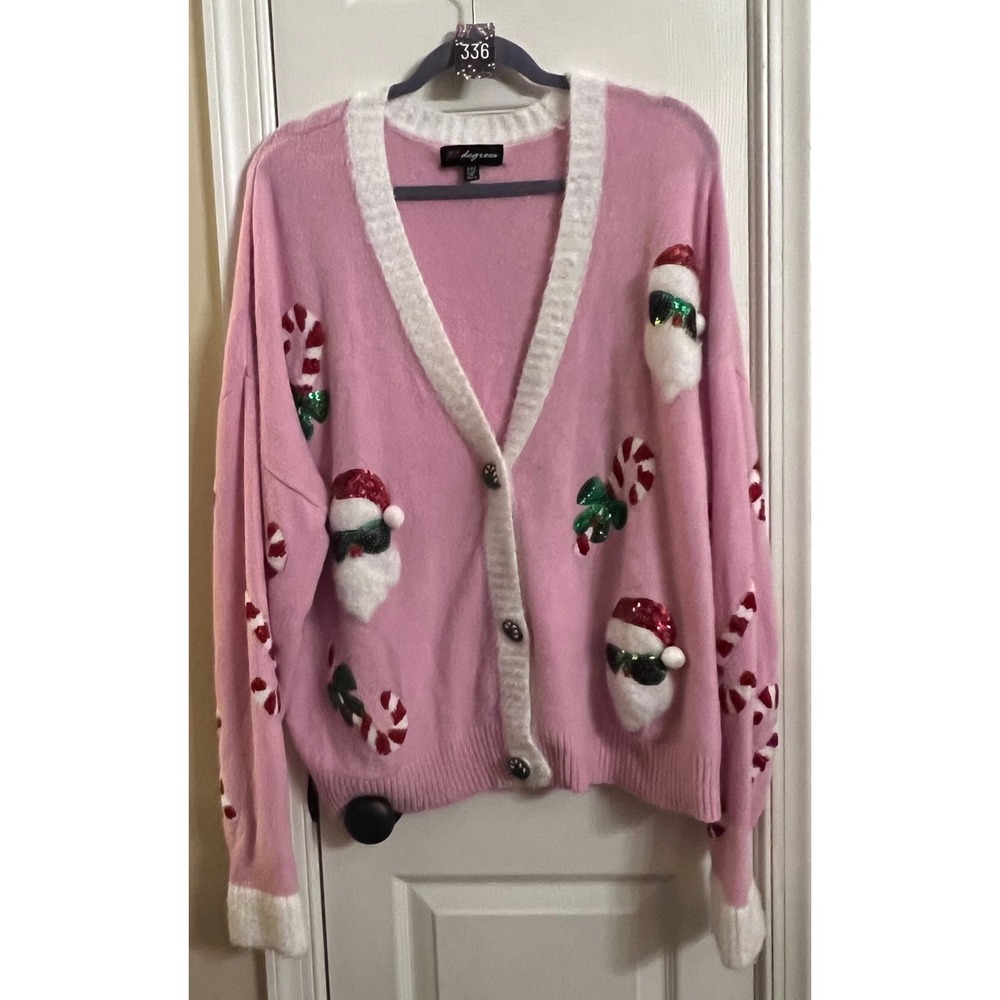 33 Degrees Pink Christmas Cardigan Sequin Santa Candy Cane Sweater XXL